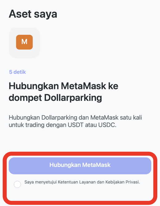 Layar untuk memilih tombol Hubungkan MetaMask di Dollarparking