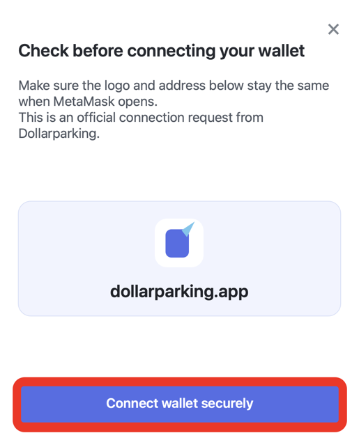 Screen for selecting the Connect wallet securely button in Dollarparking