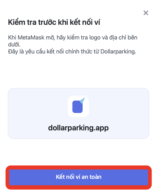 Màn hình chọn nút Kết nối ví an toàn trong Dollarparking