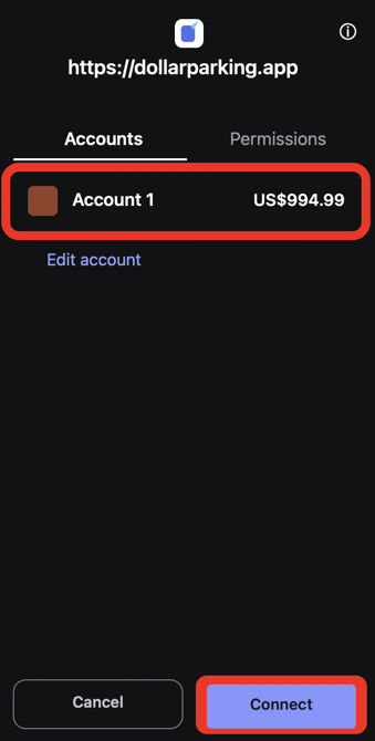 Screen for selecting an account and connecting it in MetaMask