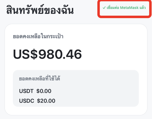 หน้าจอที่แสดงว่า MetaMask เชื่อมต่อกับ Dollarparking แล้ว