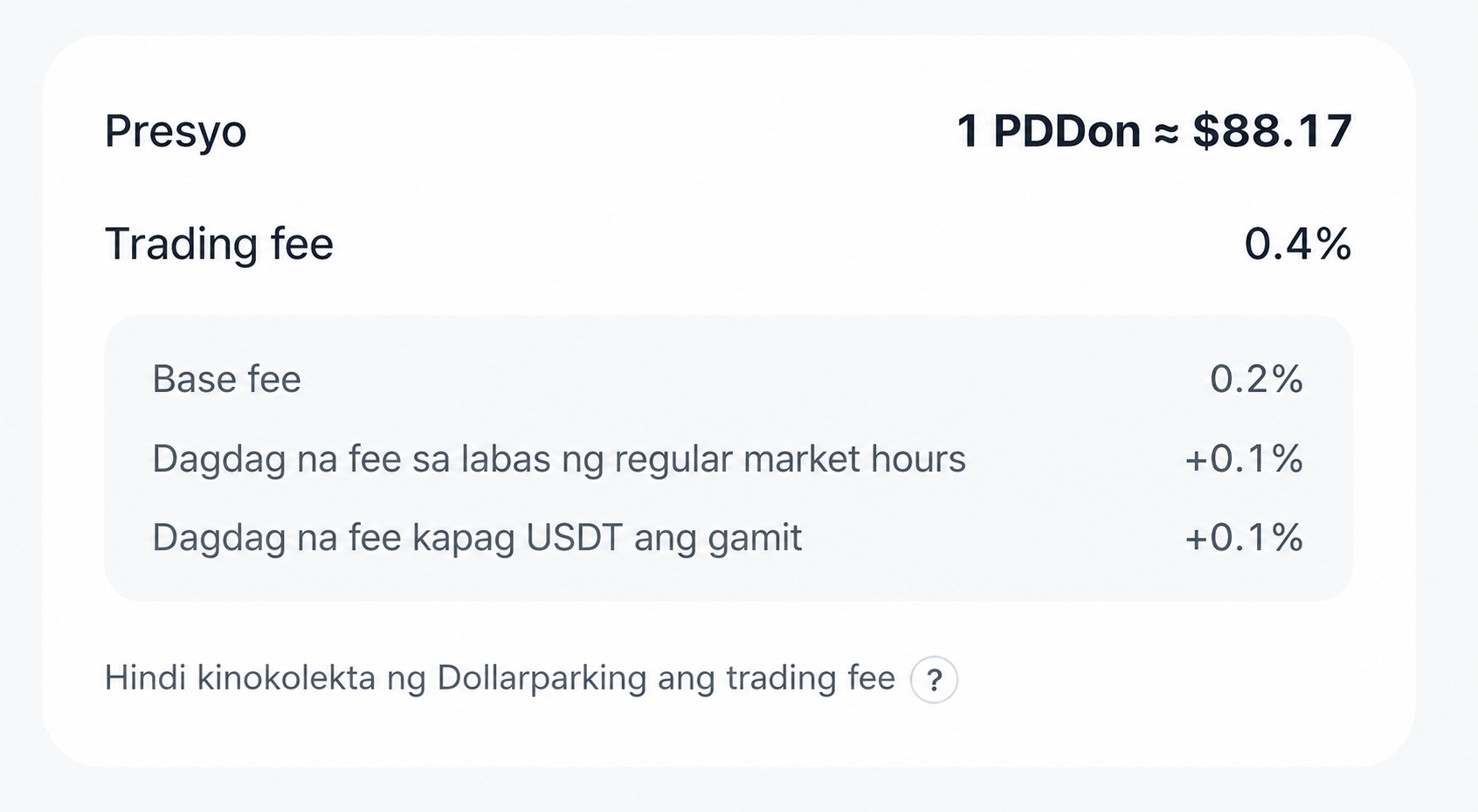 Screen ng huling trading fee na nagpapakita ng base fee at mga dagdag na fee para sa trade sa labas ng regular market hours at gamit ang USDT