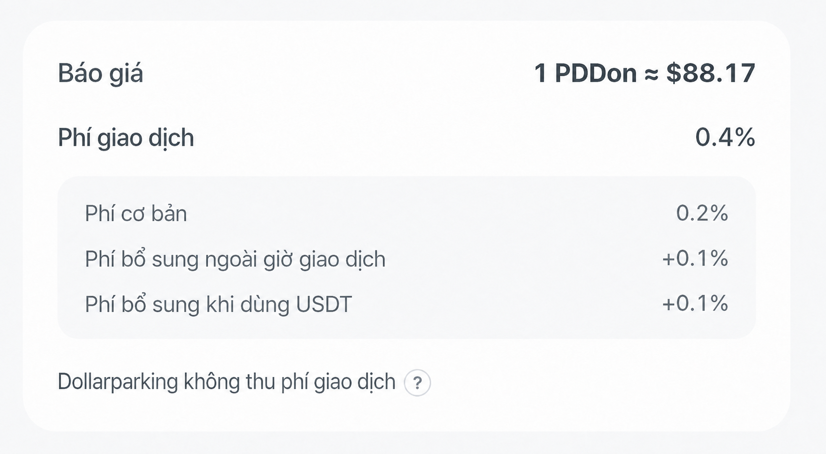 Màn hình phí cuối cùng hiển thị phí cơ bản và phí bổ sung khi giao dịch ngoài giờ thị trường hoặc bằng USDT