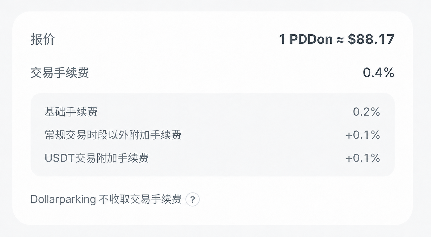 显示基础手续费、常规交易时段以外交易和使用 USDT 时附加手续费的最终交易手续费画面